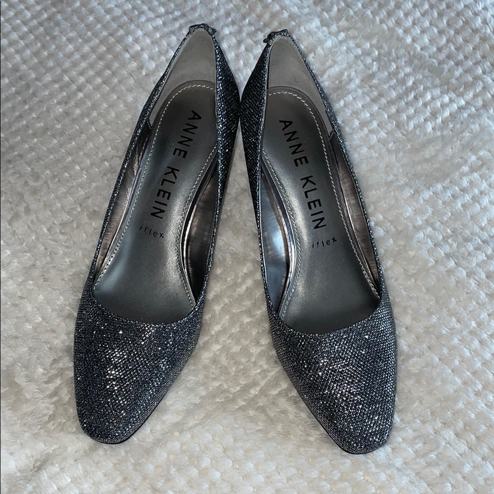 Anne Klein Black and Silver Glitter Wedge Heel
